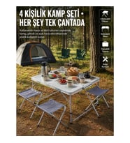 Mey İthalat® Katlanabilir Kamp Masası ve 4 Tabure Seti Taşınabilir Alüminyum Gövdeli Piknik Masası