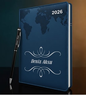 BK Gift Kişiye Özel İsimli Termo Sert Kapak 2026 Lacivert Ajanda & Kalem -1, Öğretmenler Günü Hediyesi, Yeni İş Hediyesi