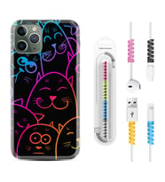 Apple iPhone 11 12 13 14 Pro Max Kılıf Kablo Koruma Spiral Silikon Neon Cats 1790