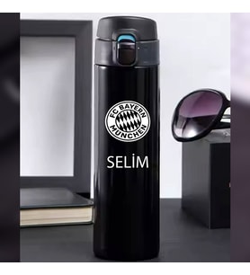 Kişiye Özel Lazer Baskılı 500ml Çelik Takım Baskılı Termos – Sızdırmaz, Vakumlu, Kilitli Kapak (Siyah)