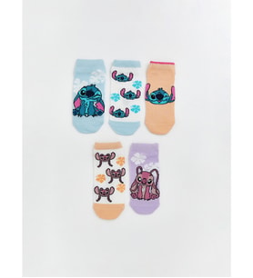 LCW Kids Mavi Stitch Ve Angel Desenli Kız Çocuk Patik Çorap 5'li