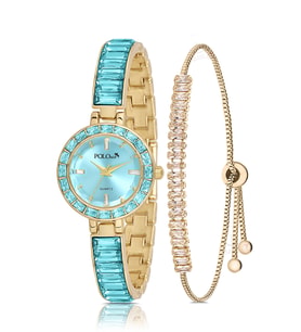 Polo Air Kelepçe Kadın Kol Saati Zirkon Taşlı Baget Bileklik Kombin Gold Mavi Renk PL-1582B5 (Mavi-Altın)