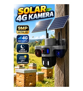Solar 4G Güvenlik Kamerası 9MP 3 Lensli Çift Güneş Panelli Gece Görüşlü