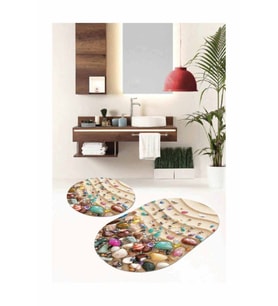 Renkli Marin Desen Oval Banyo 2'li Klozet Paspas Seti BS099