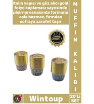 #Muffin Şık Kaliteli Dayanıklı Kalın Pişirme Sunum Kabı Kağıt Gold Folyolu 20'li Muffin Kek Kapsülü