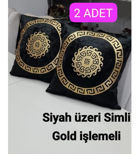2 ADET, KIRLENT KILIFI, ÜZERİ SİMLİ GOLD DERİ İŞLEMELİ, KADİFE , 40X40CM. (Siyah)