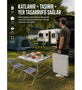 Ayarlanabilir Yükseklikli Kamp ve Piknik Masası 4 Kişilik Katlanabilir Masa Seti