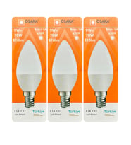 (3 Adet) Osaka 9W (70W) Beyaz Işık (6500K) E14 Duylu (İnce Duy) Led Mum Ampul