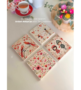 Romantik ve  Kuş Temalı Doğal Taş Bardak Altlıkları