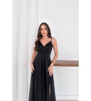 Neşeli butik kadın ayarlanabilir askılı yırtmaçlı tül abiye elbise RYS9276 (Siyah)