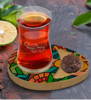 BK Gift Kişiye Özel Modern Art Tasarımlı Doğal Ahşap Tabaklı Heybeli Çay Bardağı Sunum Seti Model 15