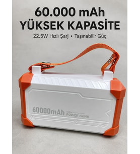 Kamp ve Seyahat İçin 60000 mAh Powerbank 22.5W Hızlı Şarj Acil Durum Işıklı Taşıma Saplı 4 Entegre Kablolu