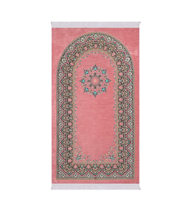 Bursa İpek Pembe Şemse Desen Kabartmalı Özel Dokuma Seccade