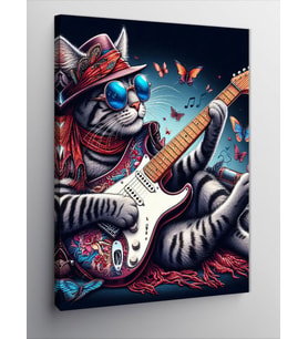 Kanvas Tablo Gitar Çalan Gözlüklü Kedi