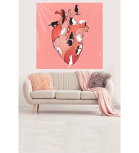 Kedi Severler Kalpli Desen Leke Tutmaz Kadife Dokulu Kumaş Duvar Örtüsü Duvar Halısı Tapestry (Karışık)