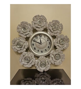 54 cm Taşlı Çiçekli Silver Duvar Saati