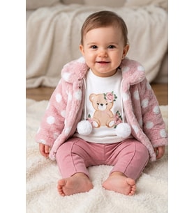 Minik Ayıcık Baskılı Puanlı Yumuşak Dokulu Peluş Montlu 3 lü Kız Bebek Set Takım Ak8534