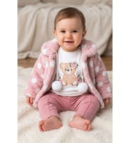Minik Ayıcık Baskılı Puanlı Yumuşak Dokulu Peluş Montlu 3 lü Kız Bebek Set Takım Ak8534