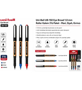 Siyah Kırmızı Pilot Kalem 3 Adet Uniball Eye Broad 1.0 mm Roller Pilot Kalem Ub-150-10 Roller Uçlu Likit Mürekkepli