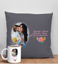 BK Gift Kişiye Özel Fotoğraflı Anneler Günü Tasarımlı Antrasit Kırlent Yastık ve Kupa Seti, Anneye Hediye, Ev Dekorasyonu, Anneler Günü Hediyesi-1