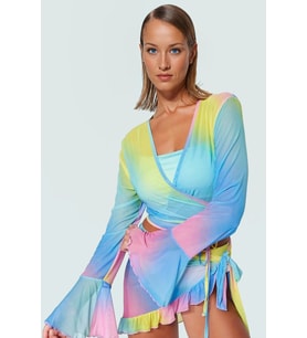Plaj için Örme Mesh Bluz Etek Takım Degrade Desenli V Yaka Fitted Konforlu Kesim Modern Stil