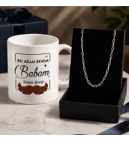 BK Gift Kişiye Özel Babalar Günü Tasarımlı Beyaz Kupa & Ataç Zincir Kolye -6, Babalar Günü Hediyesi
