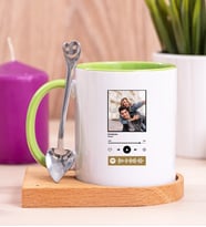 Kişiye Özel Spotify Tasarım Fotoğraflı Ahşap Altlıklı Yeşil Kupa Bardak