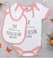 BK Kids Kişiye Özel İlk Babalar Günü Tasarımlı Pembe Bebek Body Zıbın ve Mama Önlüğü Hediye Seti-3