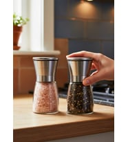 2'li Mini Set: 13 cm Cam ve Çelik Tuz Karabiber Değirmeni – Modern Kahvaltı ve Sunum Takımı