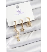 Pirinç Zİrkon Taşlı Ay Ve Hilal Model Gold Renk 3'lü Kadın Küpe