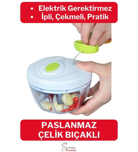 Premium Manuel 3 Bıçaklı Ipli Çekmeli Paslanmaz El Rondosu Kolay Hızlı Meyve Sebze Soğan Doğrayıcı