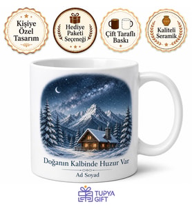 Kış Gecesi Yıldızları Altında Dağ Evi Kamp ve Doğa Kupası Hediye Bardak