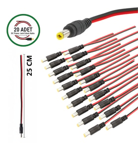 20 Adet DC Power Jack Kablosu 25 CM Düz Erkek Çoklu Set Kamera Modem LED Adaptör Güç Bağlantı Kablosu (Siyah-Kırmızı)