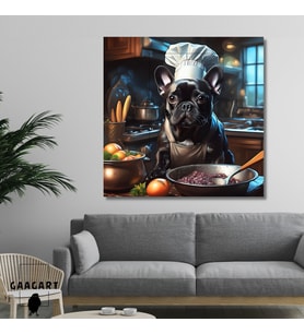 Kare Kanvas Mutfak Tablosu Aşçı Hayvanlar Siyah Fransız Bulldog