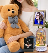 Kişiye Özel Muhteşem Set Kahve Peluş Ayıcık, Renkli Anka Kuşu Kolye, Led Işıklı Fanus ve Fotoğraf (Model 7)