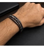 Valmont Accessories Suni Deri Çelik Tel ve Metal Top Detaylı Kahverengi Erkek Bileklik