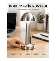 Mey İthalat® Mantar Masa Lambası Dokunmatik 3 Renk Işık Şarjlı Kablosuz Modern Krom Tasarım Yeni Nes