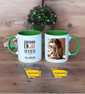 Teyzeye Hediye Kupa Bardak Yeşil Fotoğraflı Doğum Günü Anneler Günü Hediyesi