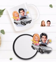 BK Gift Kişiye Özel Sevgililer Karikatürlü Beyaz Kupa ve Ahşap Bardak Altlığı Hediye Seti-53