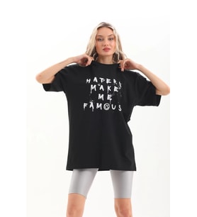 Kadın Kısa Kol Yazlık Tişört Bisiklet Yaka Baskılı Oversize T-Shirt - Siyah