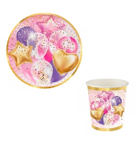 8 Kişilik Uçan Balonlar Pembe Karton Bardak ve Tabak Set-