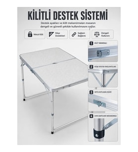 Mey İthalat® 4 Kişilik Katlanabilir Kamp Masası Seti 4 Tabureli 50-65 cm Ayarlanabilir Yükseklik