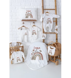 Pia Baby Premium Kız Bebek Hediyesi Hastane Çıkışı 11 Parça İsim Baskılı Set 5079-00 (Ekru)