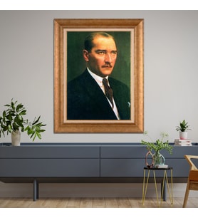 Altın Varaklı Çerçeveli Paspartulu Atatürk Tablo z4598 (Gold)