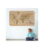 Ahşap Görünümlü Türkçe Eğitici Detaylı Atlası Dekoratif Dünya Haritası Duvar Sticker-3843-60x105