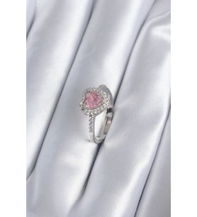 Pirinç Gümüş Renk Pembe Zirkon Taş Kalp Charm Model Kadın Yüzük