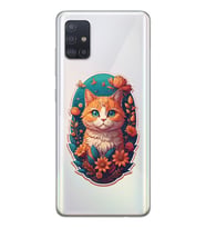 Samsung Galaxy A71 Uyumlu Çiçek ve Kedi Tasarımlı Şeffaf Telefon Kılıfı