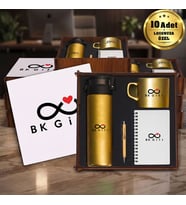 Logonuza Özel 10 Adet Ahşap Kutulu Gold Kurumsal Hediye Seti – Cam Suluk, Seramik Fincan, Defter ve Kalemli Promosyon Seti