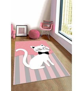 Pembe Kaymaz Tabanlı Yıkanabilir Kedili Çocuk Halısı KD005
