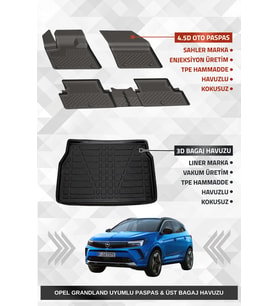 Sahler Opel Grandland 2017-2024 Uyumlu 4.5D Premium Havuzlu Oto Paspas ve Liner Marka 3D ÜST Bagaj Havuzu - Grandland